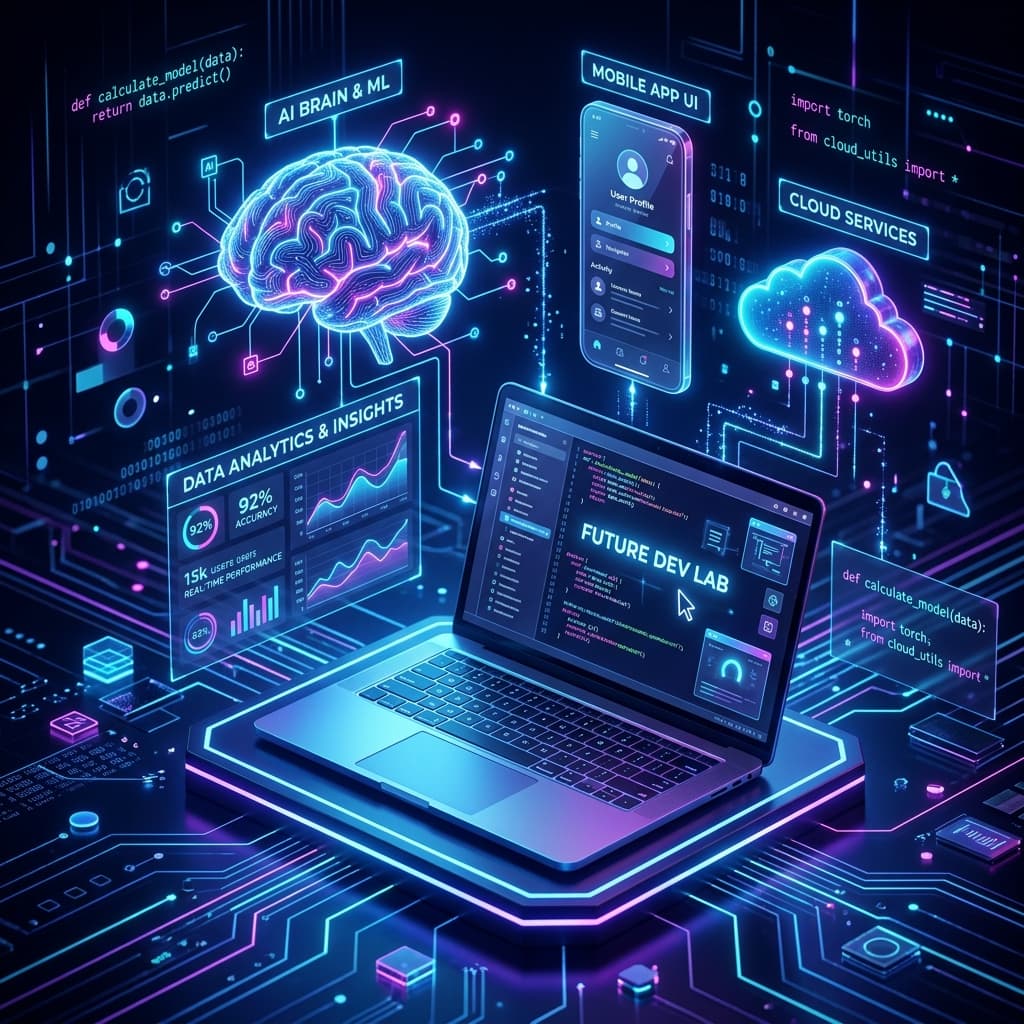 Futuristic software development illustration showing laptop, mobile app interface, AI neural brain, and data cloud dashboards